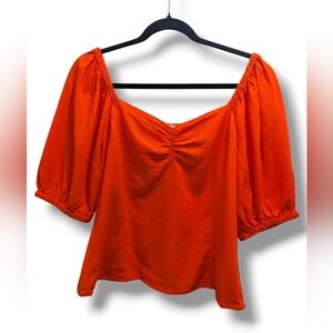 H&M Vibrant Orange Linen Blend Puff Short Sleeve Top Blouse- S